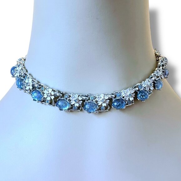 Vintage 1950s Choker Necklace Blue Rhinestone Confetti Lucite Floral Enamel READ - Picture 10 of 16